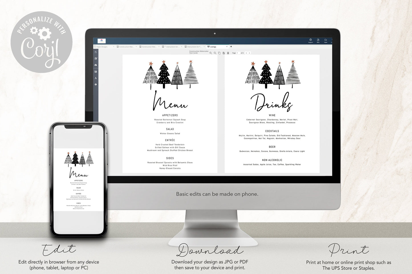 Editable Christmas Menu - Holiday Dinner Party Bar Drink List - Holly and Berry Sign - Corjl Template