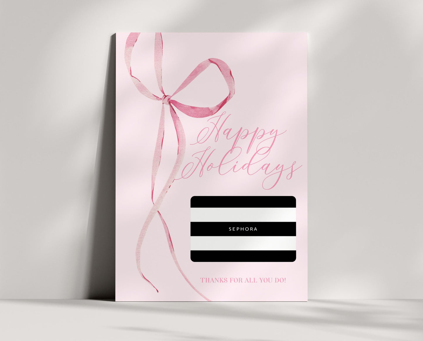 Pink Bow Gift Card Holder, Happy Holidays Printable, Coquette Christmas Gift, Thank You, INSTANT DOWNLOAD