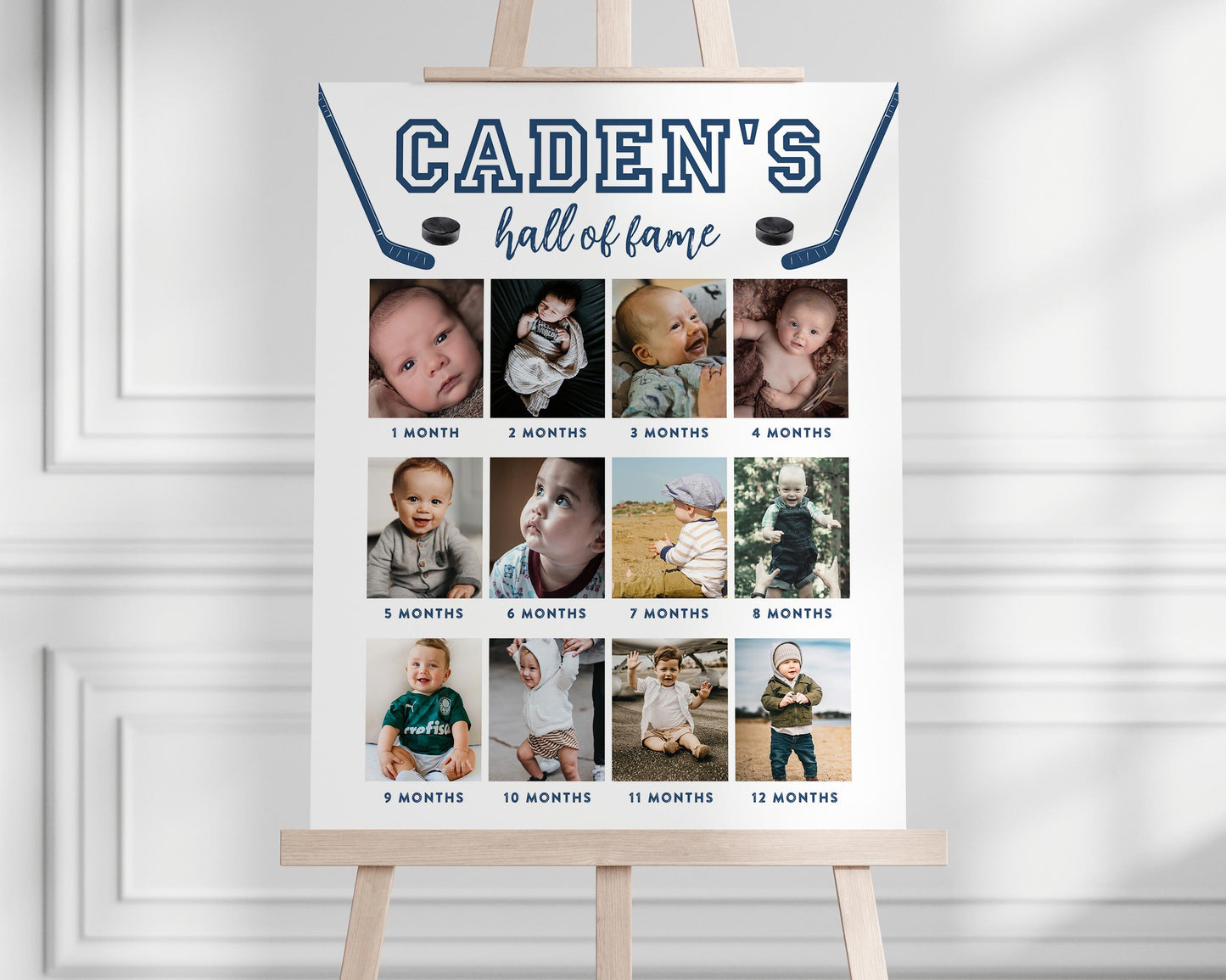 Hockey Hall of Fame Editable Photo Board for 1st birthday party featuring baby's 12 months photos. Hockey sticks and pucks surround child's name and "hall of fame". Colors and fonts can be changed.