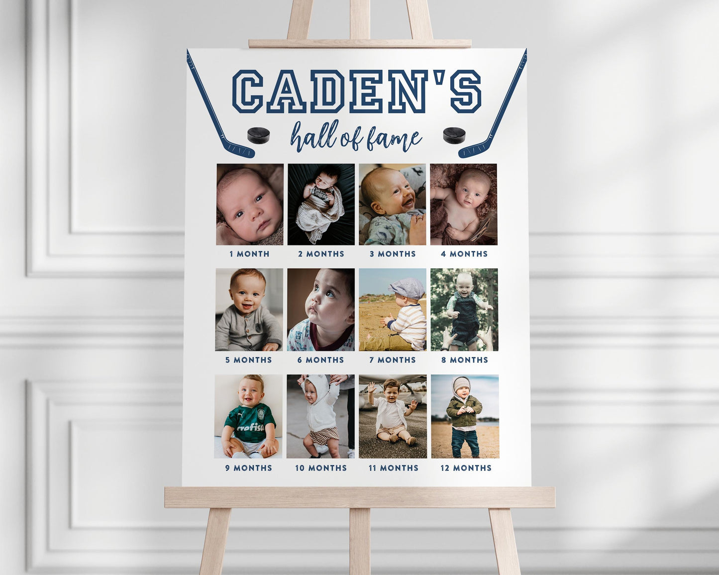Hockey Hall of Fame Editable Photo Board for 1st birthday party featuring baby's 12 months photos. Hockey sticks and pucks surround child's name and "hall of fame". Colors and fonts can be changed.