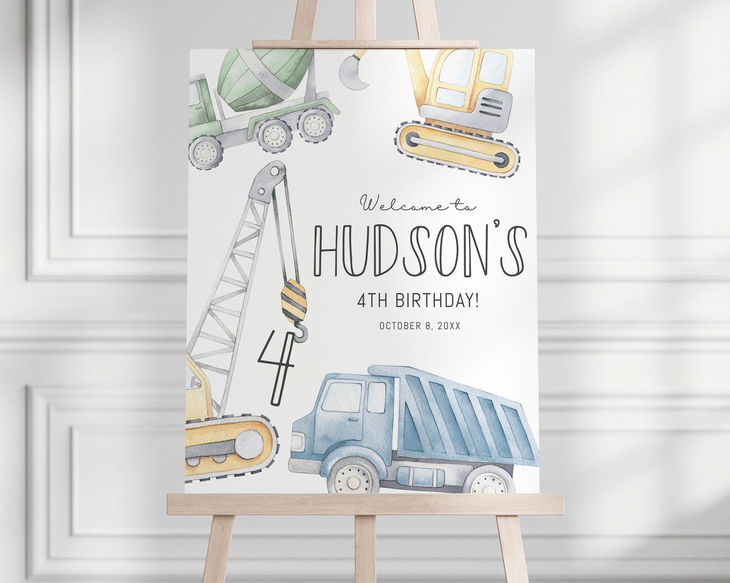 Construction Birthday Time Capsule - Birthday Party Message Wishes Prediction Activity, Blue Green Trucks, EDITABLE Corjl TEMPLATE