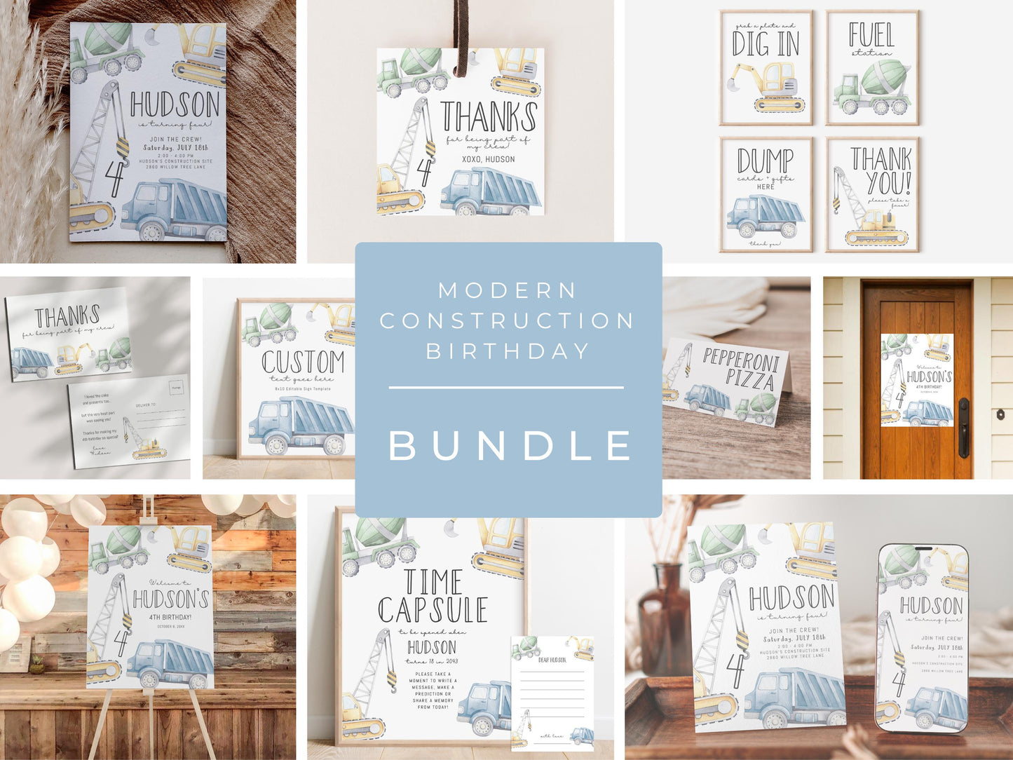 Construction Party Goodie Bag Tag - Construction Truck Birthday - Thank You Tag for Gable Box - Favor Label - 3x5 - Editable Templates