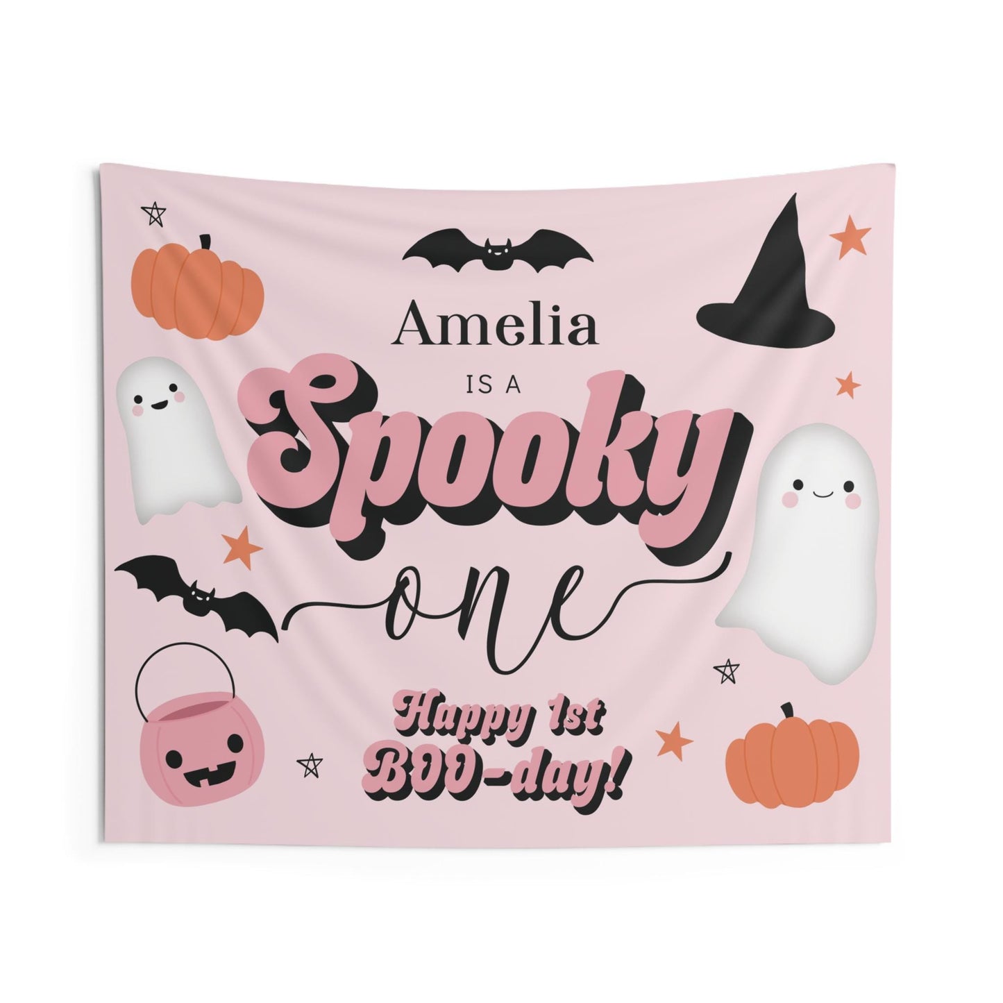 Girl Spooky One Backdrop, Happy 1st Boo Day Banner, Pink Halloween 1st Birthday Party Decor, Retro First Birthday Tapestry, FREE US Shipping