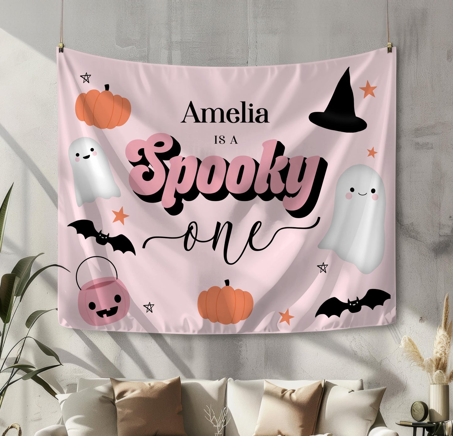 Pink Spooky One Backdrop, Girl 1st Birthday Halloween Party, Fall First Birthday Wall Decoration, Cake Smash Background, FREE US Shipping