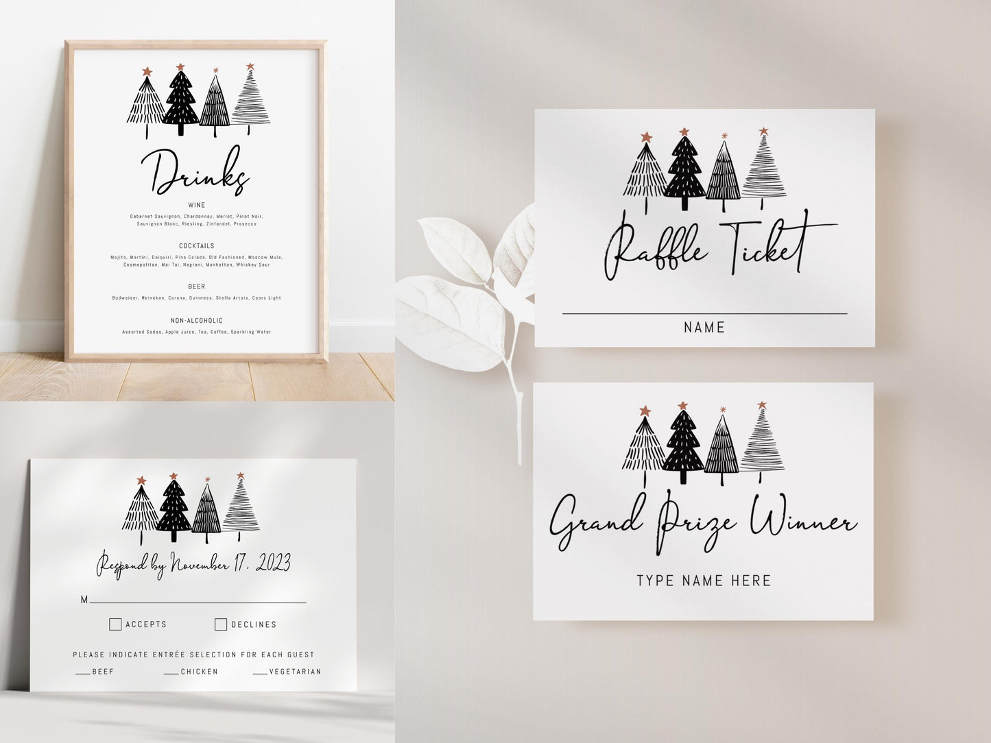 Company holiday party printable bundle with black and white minimalist Christmas tree design, featuring invitation, RSVP card, menu, table numbers, place cards, and welcome sign for office holiday events.