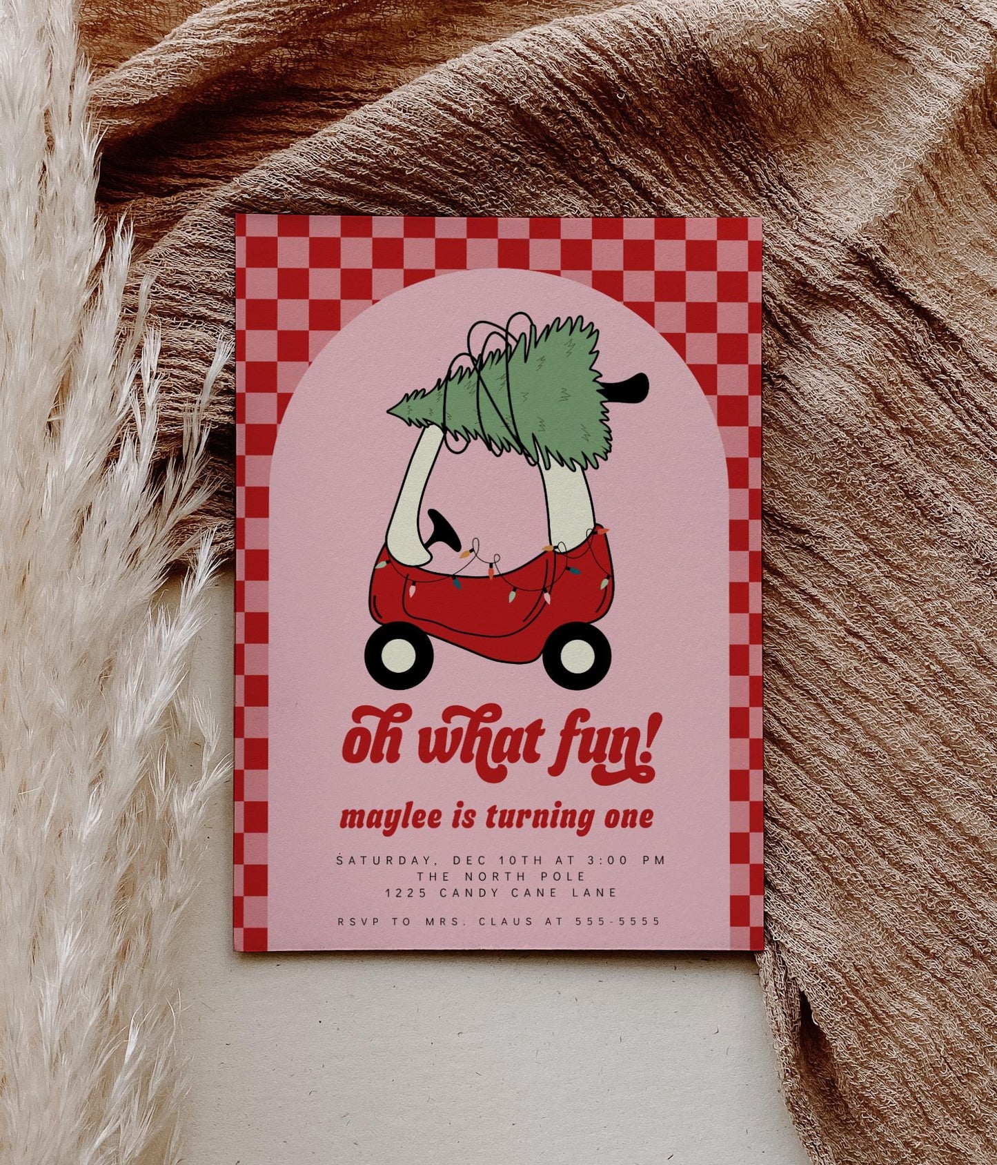 Girl Toy Car with Christmas Tree Invitation | Oh What Fun 1st Birthday Invite | Editable Pink Red Checkered Printable