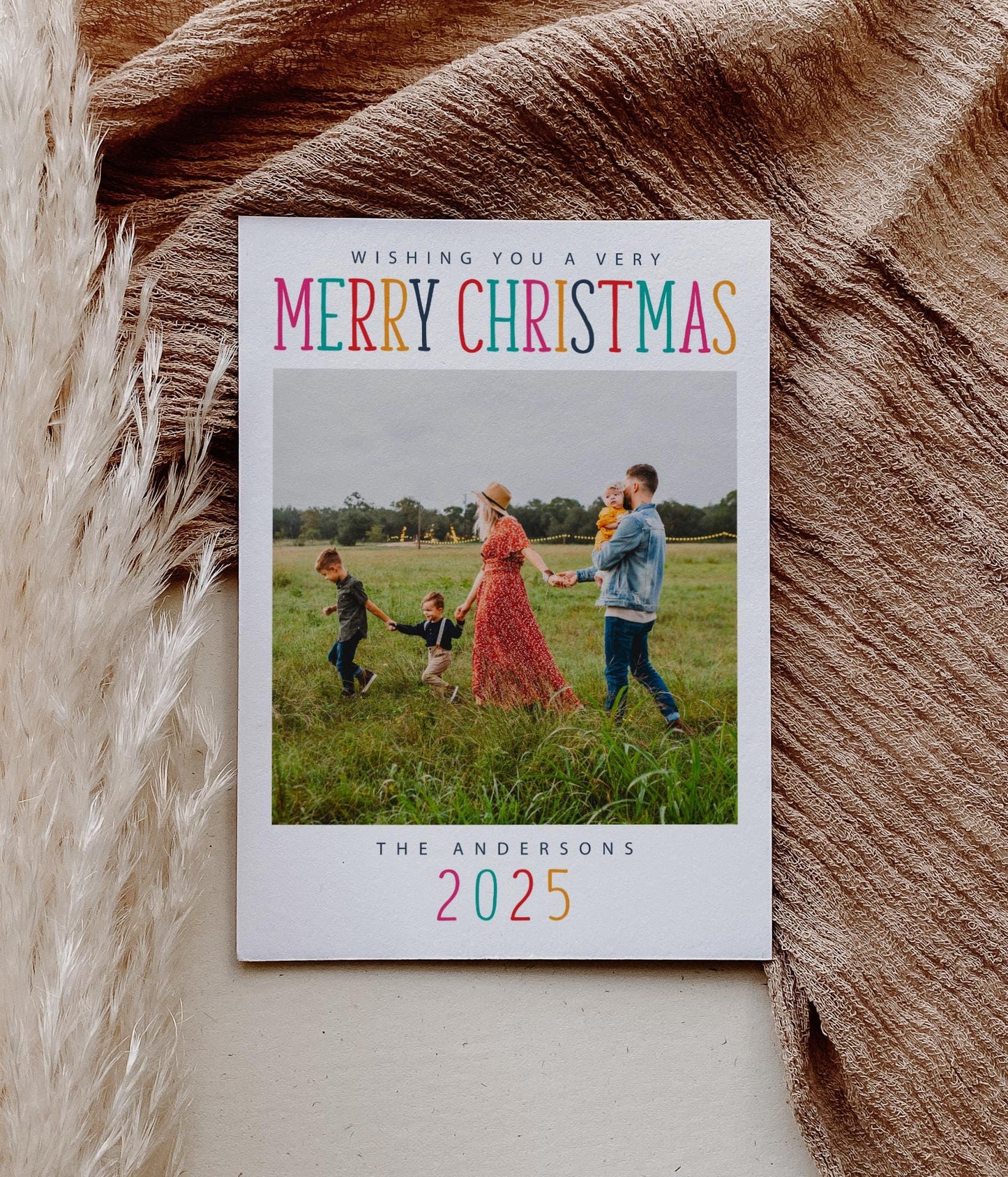 Christmas Photo Card - Holiday Photo Card Template, Colorful Merry Christmas, Yellow, Pink, Teal, DIY, Editable Template - Instant Download