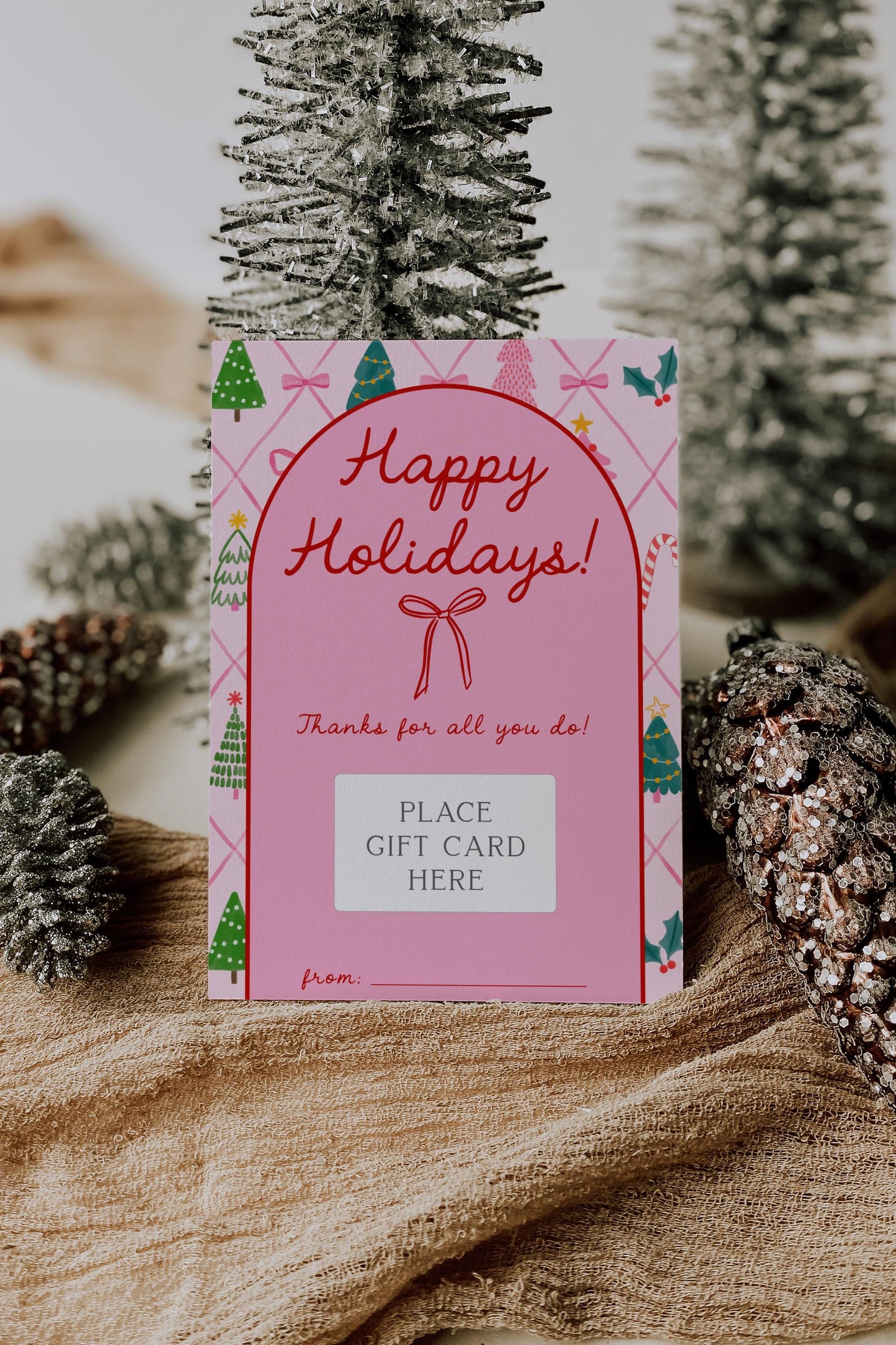 Pink Bow Christmas Gift Card Holder - Printable Holiday Card (Instant Download) - Girl Christmas Present - Teacher Gift