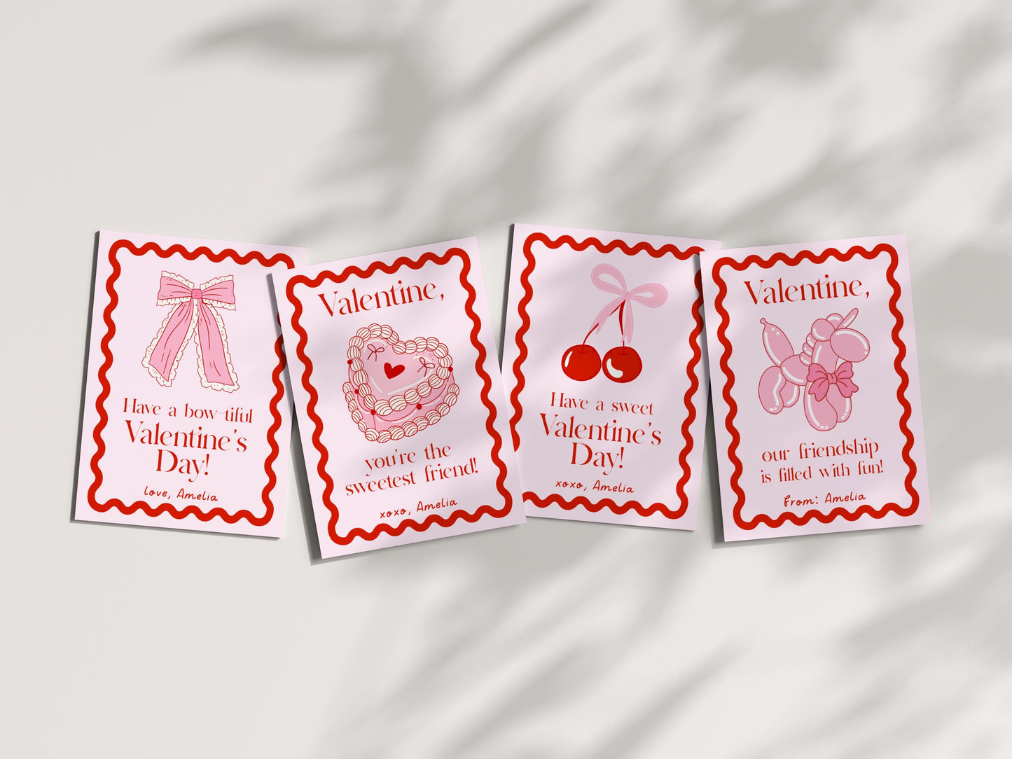 Girly Valentine - Coquette Bow Valentine Card, Editable Template - Cherry Aesthetic School Valentine Card - Printable Valentine for Girls