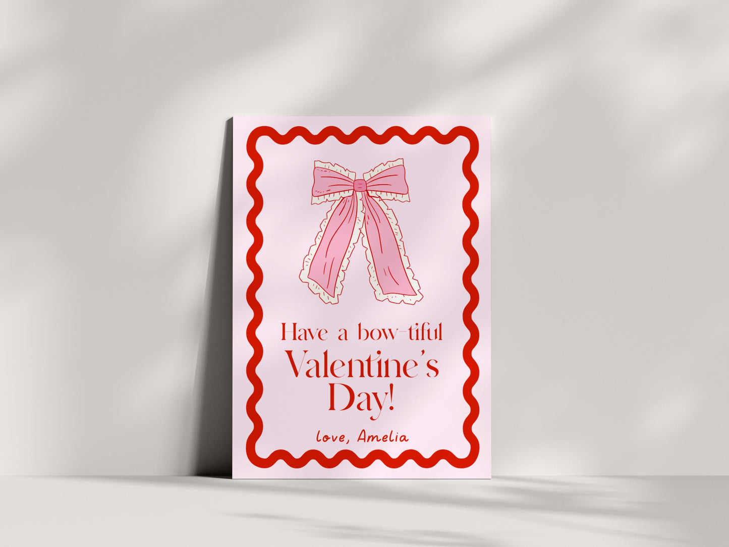 Girly Valentine - Coquette Bow Valentine Card, Editable Template - Cherry Aesthetic School Valentine Card - Printable Valentine for Girls