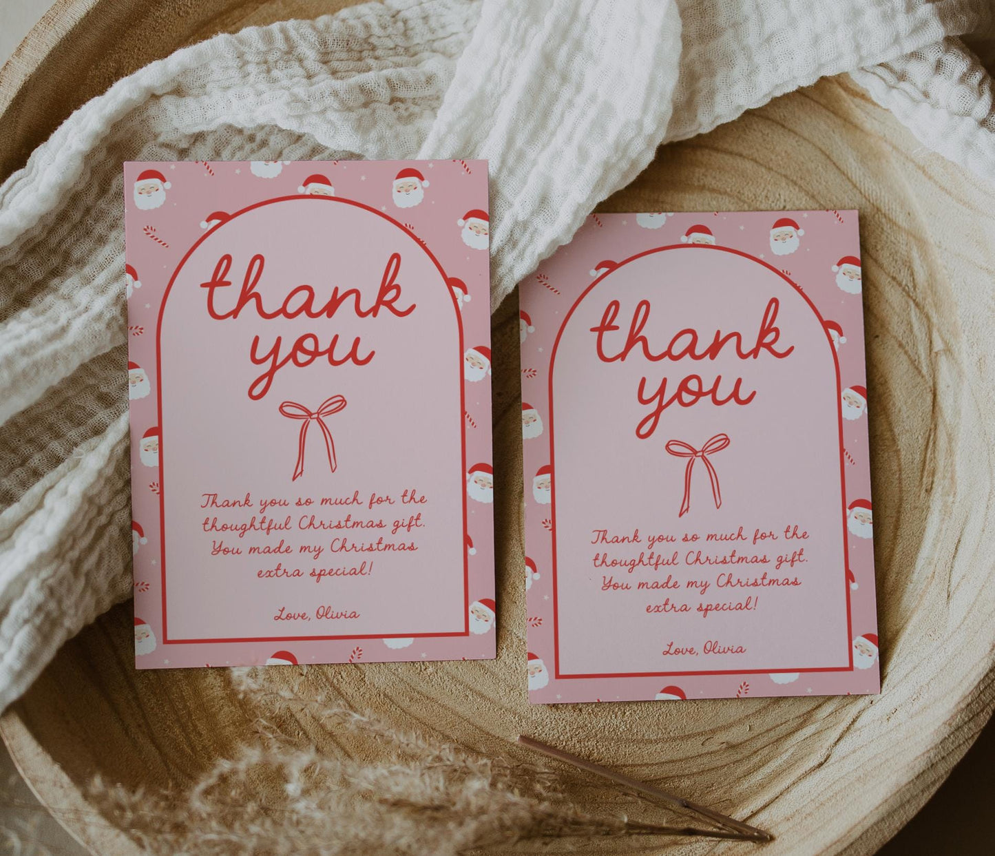 Editable Christmas Thank You Card - Pink Red Bow - Personalized - DIY Template - EDIT YOURSELF
