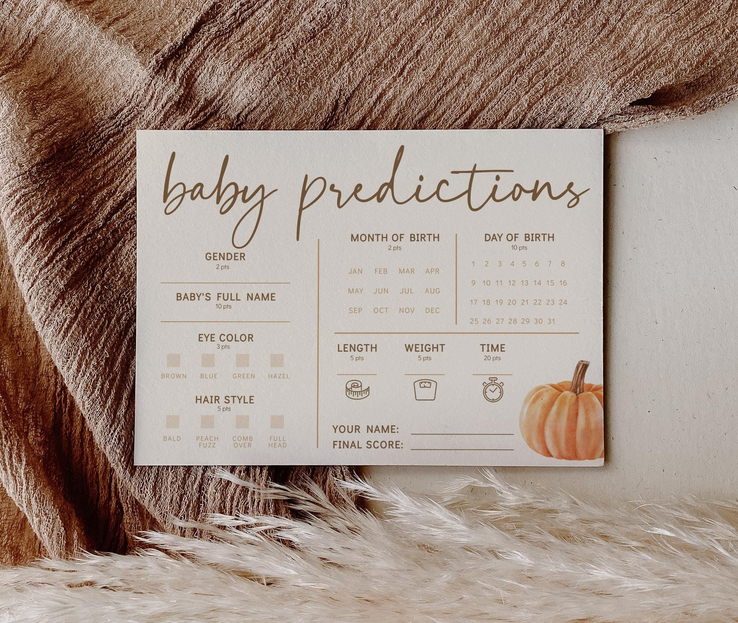 Pumpkin Baby Predictions Game - Contest - Gender Reveal Games - Minimalist Neutral Baby - Fall Baby Shower Activity - INSTANT DOWNLOAD