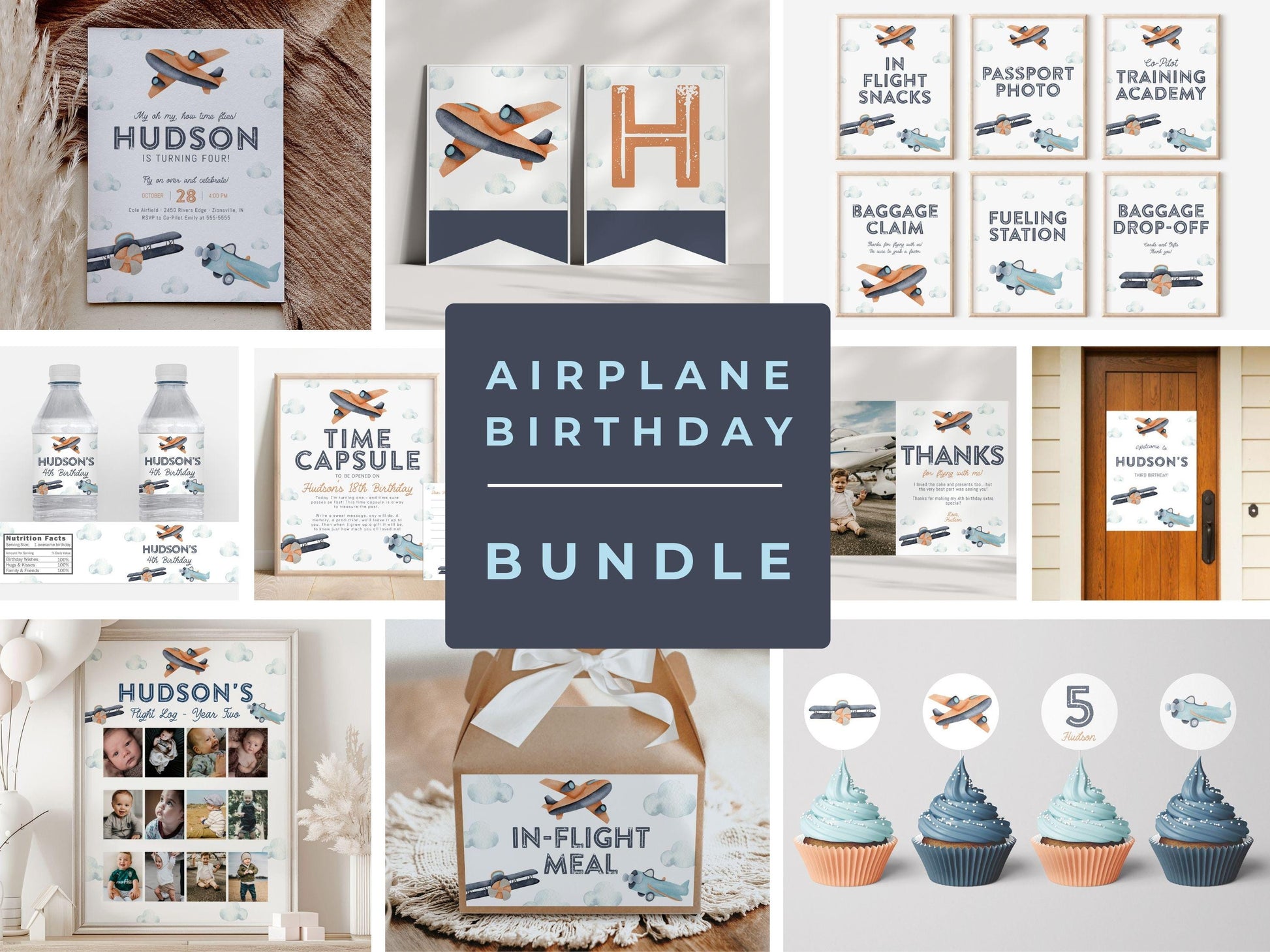 airplane birthday bundle collage of printable and editable party items.  invitation, cupcake toppers, milestone poster, 12 month photo board, party signs, banner, thank you card.  navy blue and orange watercolor vintage plane graphics