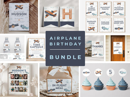 airplane birthday bundle collage of printable and editable party items.  invitation, cupcake toppers, milestone poster, 12 month photo board, party signs, banner, thank you card.  navy blue and orange watercolor vintage plane graphics