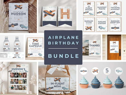 airplane birthday bundle collage of printable and editable party items.  invitation, cupcake toppers, milestone poster, 12 month photo board, party signs, banner, thank you card.  navy blue and orange watercolor vintage plane graphics