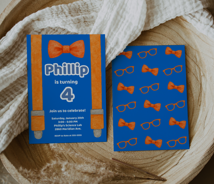 bright blue background with watercolor orange graphics of suspenders and bow tie