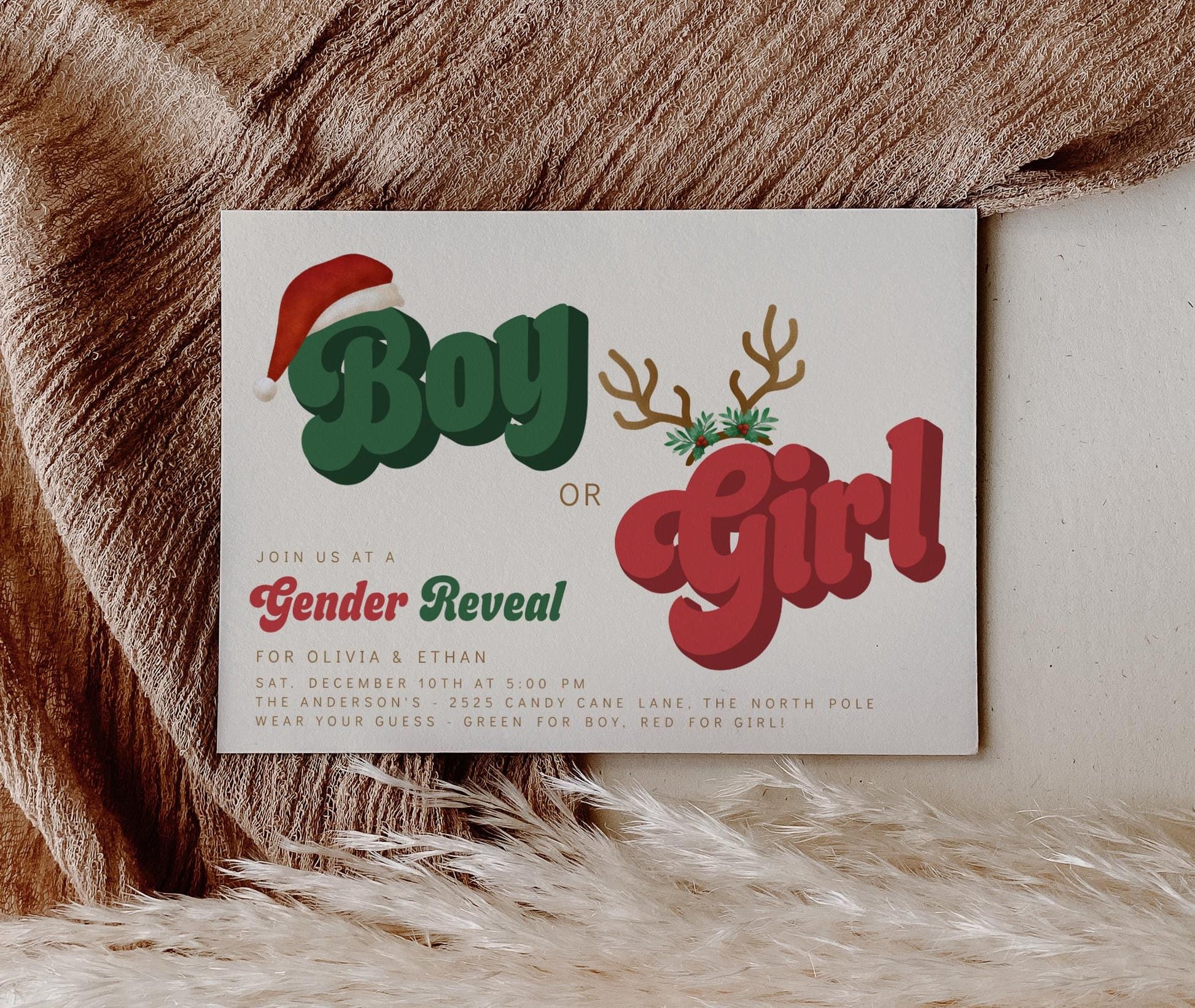Christmas gender reveal invitation with retro red and green “Boy or Girl” text featuring Santa hat, reindeer antlers, and festive holiday accents on a neutral background.