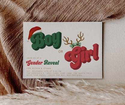 Christmas gender reveal invitation with retro red and green “Boy or Girl” text featuring Santa hat, reindeer antlers, and festive holiday accents on a neutral background.