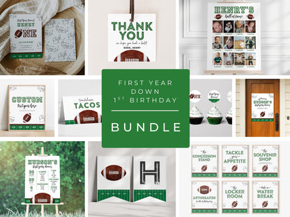 First Year Down Football 1st Birthday Party Package with Invitation, Decor, Signs, Favors, Time Capsule