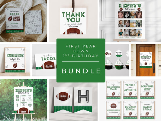 First Year Down Football 1st Birthday Party Package with Invitation, Decor, Signs, Favors, Time Capsule