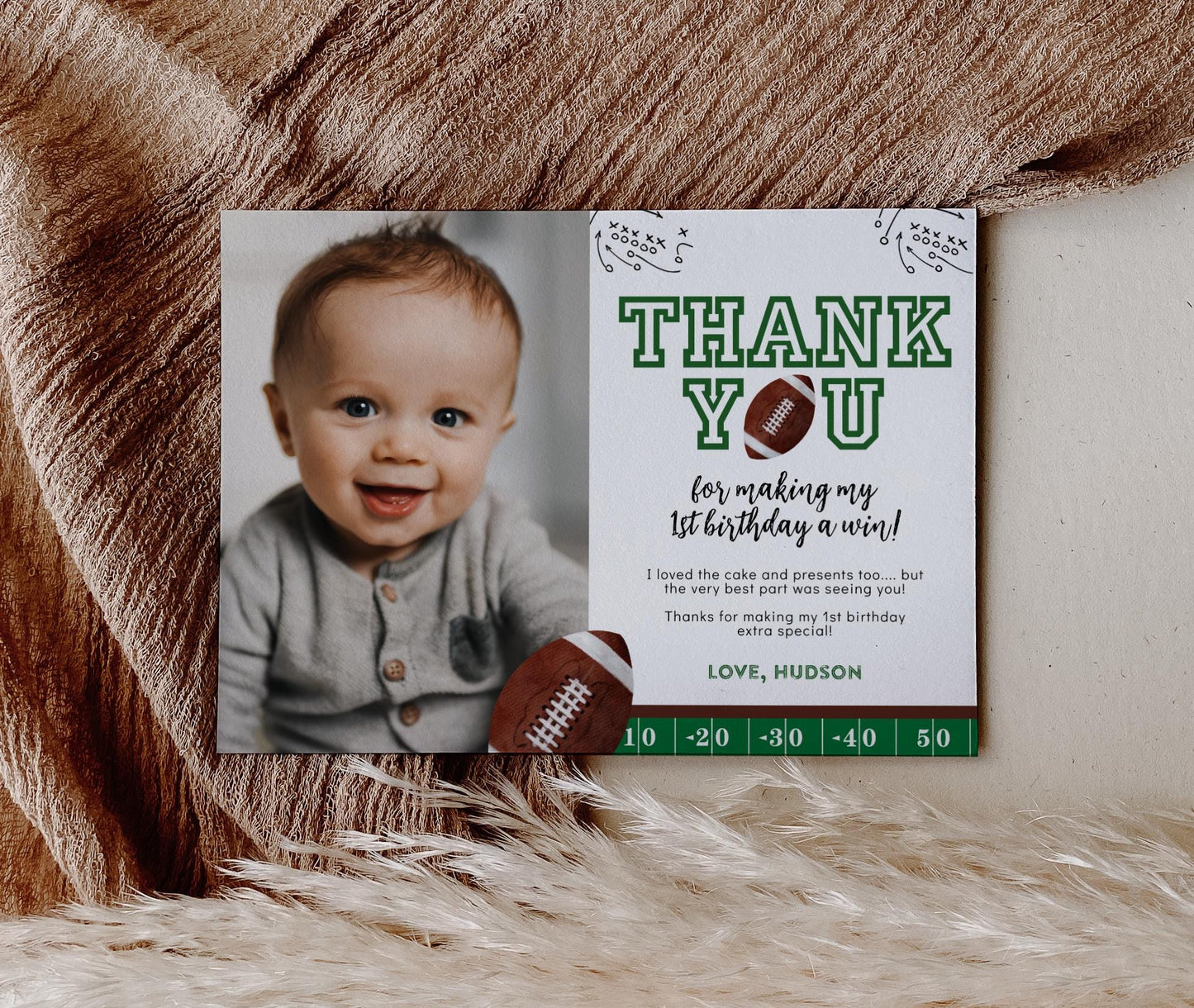 football thank you card with photo for child's 1st birthday first year down party.