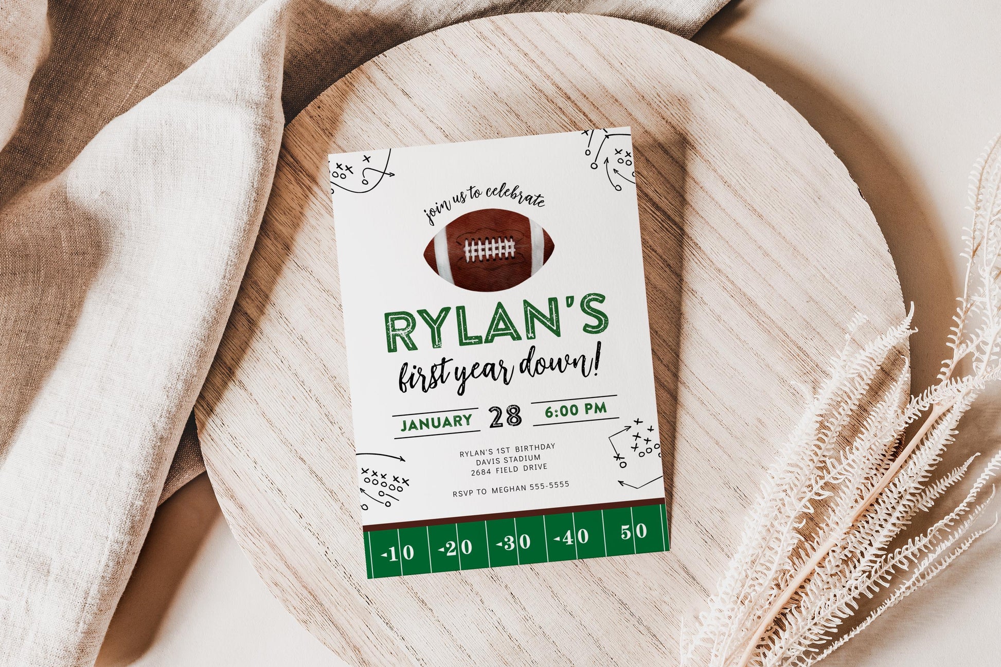Football first year down birthday invitation, modern design in green, black, brown and white