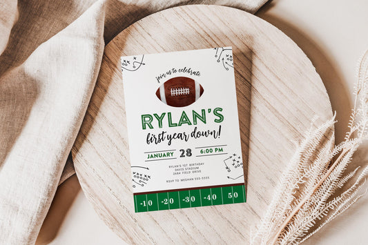 Football first year down birthday invitation, modern design in green, black, brown and white
