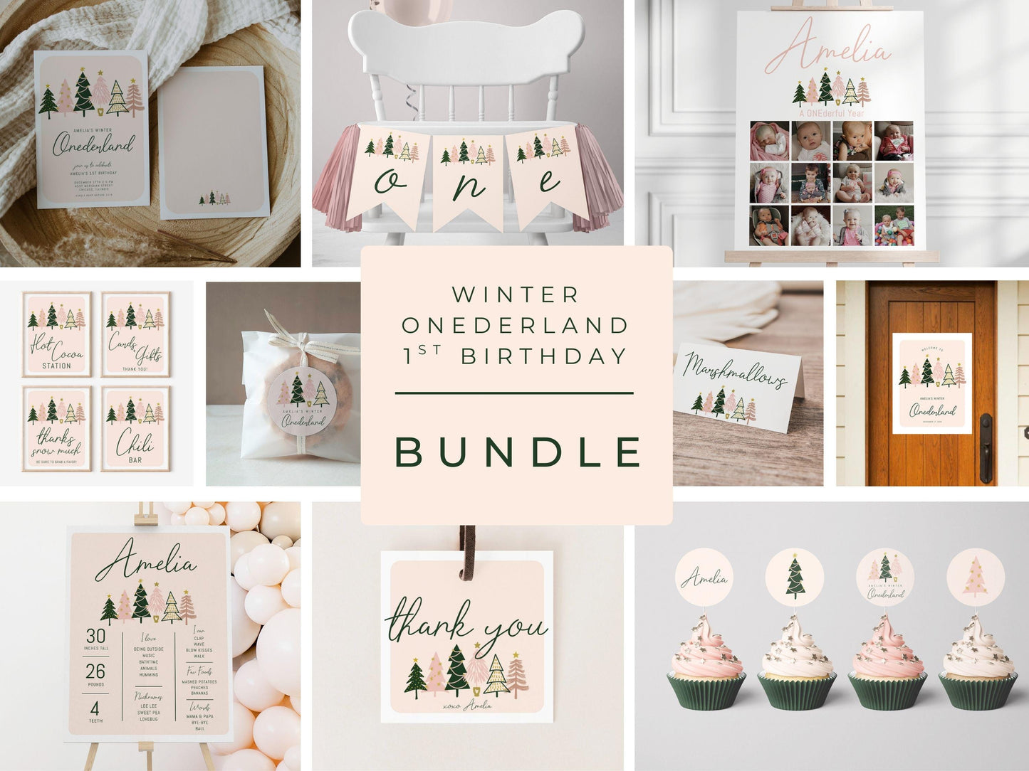 pale pink and forest green girl 1st birthday party bundle including invitation, decor, favors, time capsule, signs, milestone poster and photo board. winter trees christmas first birthday theme.
