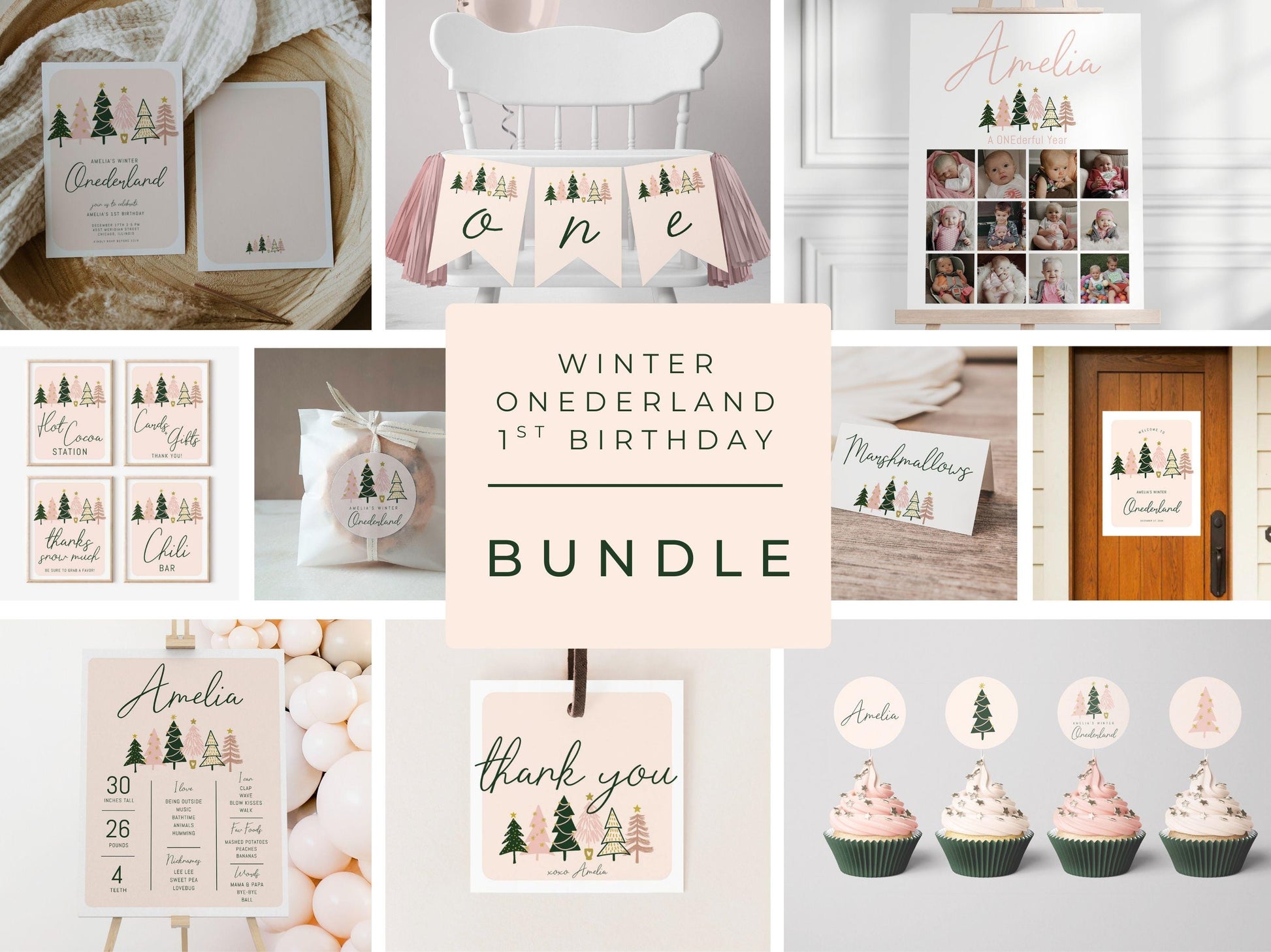 pale pink and forest green girl 1st birthday party bundle including invitation, decor, favors, time capsule, signs, milestone poster and photo board. winter trees christmas first birthday theme.