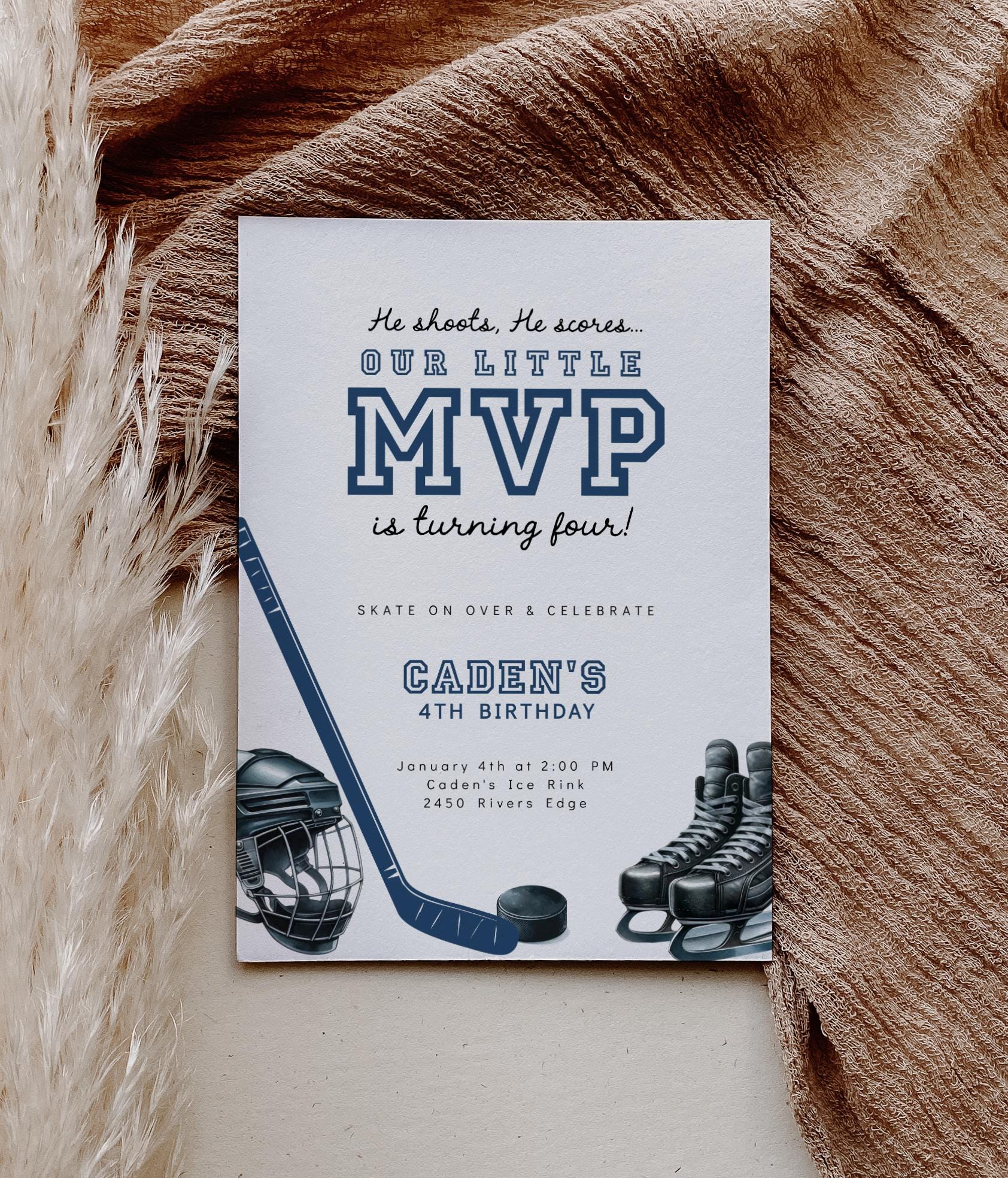 Hockey birthday invitation featuring “Our Little MVP” with hockey stick, helmet, skates, and pucks for a boys ice skating party.