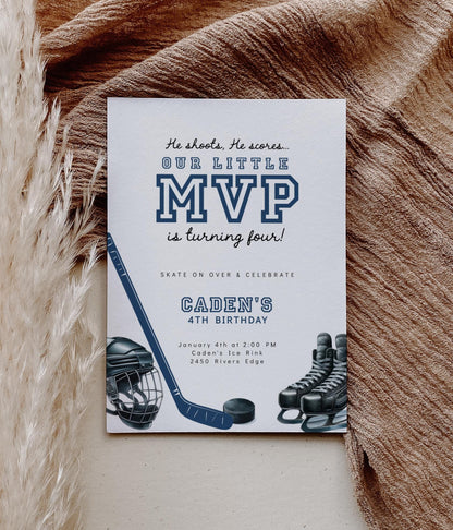 Hockey birthday invitation featuring “Our Little MVP” with hockey stick, helmet, skates, and pucks for a boys ice skating party.