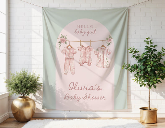 Pink and Green Clothesline Baby Shower Backdrop