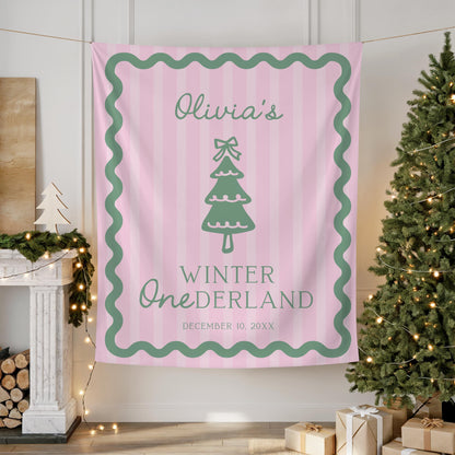 Pink and Green Winter ONEderland Backdrop | Wavy Border Banner | Whimsical Bow Party Sign for Girl Christmas Birthday