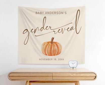 baby gender reveal photo backdrop for fall pumpkin baby shower.  neutral beige background with modern minimal design of watercolor pumpkin.  Reads "Baby Anderson's Gender Reveal November 18, 20XX"
