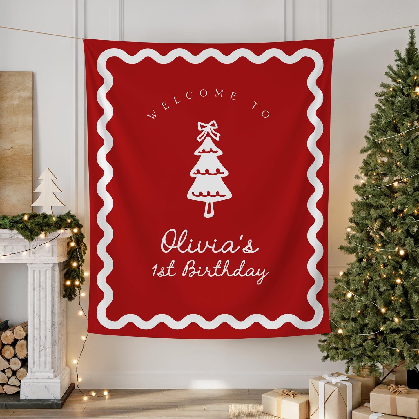Girl Christmas Birthday Backdrop | Red Christmas Tree Bow Banner | First Birthday Photo Backdrop | Oh What Fun Decor | Wavy Border