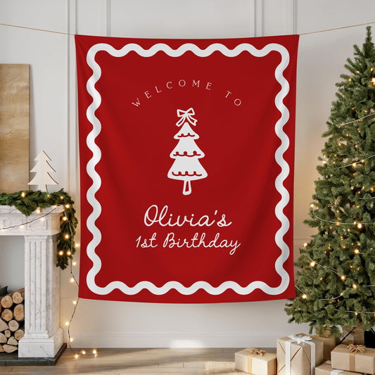 Girl Christmas Birthday Backdrop | Red Christmas Tree Bow Banner | First Birthday Photo Backdrop | Oh What Fun Decor | Wavy Border