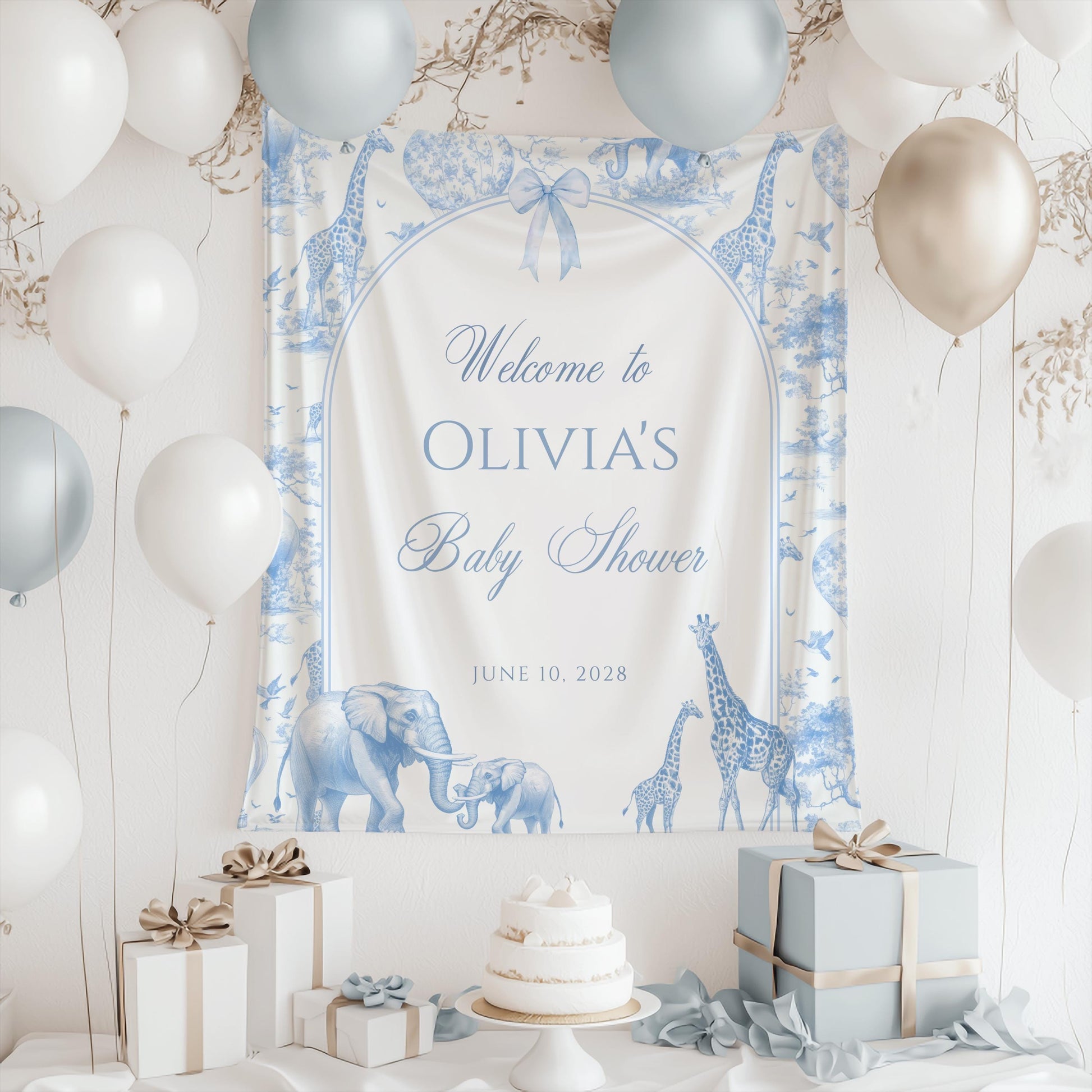 Safari Toile Baby Shower Backdrop | Blue Toile De Jouy Welcome Sign | French Chinoiserie Animal Banner | Personalized Bow Tapestry Decor