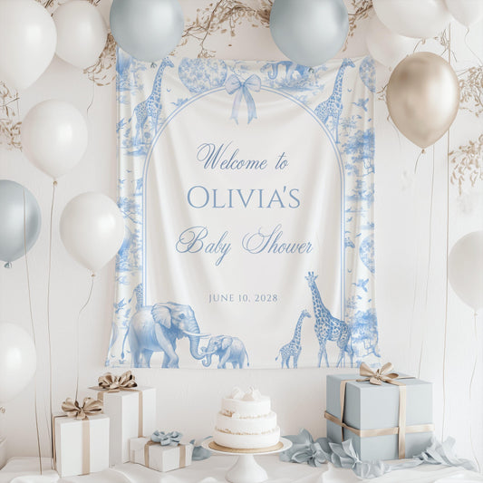Safari Toile Baby Shower Backdrop | Blue Toile De Jouy Welcome Sign | French Chinoiserie Animal Banner | Personalized Bow Tapestry Decor