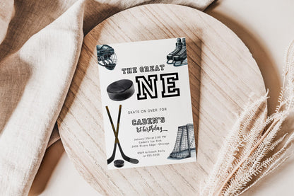 Hockey The Great One Birthday Invitation with Photo | Boys 1st Birthday Hockey Party Invite | Editable Invite Template