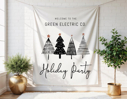 Holiday Party Welcome Banner, Minimalist Black and White Tree Backdrop, Christmas Party Decor, Company Holiday Party Entrance Sign