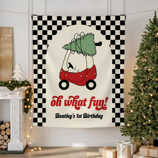 Oh What Fun Christmas Birthday Backdrop, Personalized Toy Car Banner, Black and Cream Checkered First Birthday Party Decor