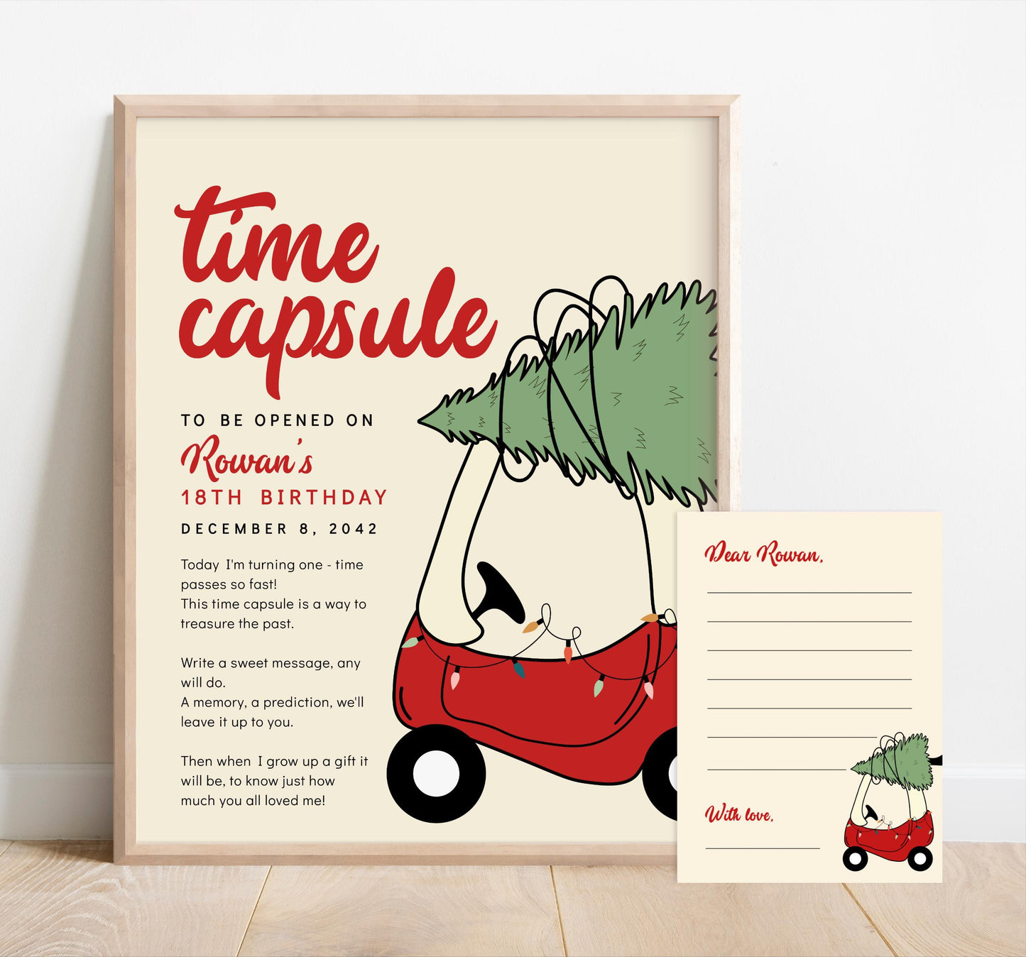 Christmas Toy Car Birthday Time Capsule - Holiday Tree 1st Birthday, First Birthday Party Message, Instant Download, EDITABLE TEMPLATE