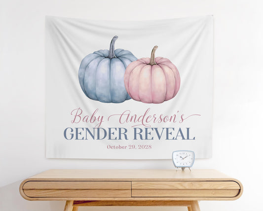 Fall Gender Reveal Fabric Backdrop for gender reveal party.  Pink and blue pumpkin graphics with white background.  Below pumpkins it reads &quot;Baby Anderson&#39;s GENDER REVEAL October 18, 2028&quot;
