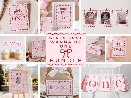 Girls Just Wanna Be One Birthday Bundle, Pink and Red Bow First Birthday Decorations, Printable Party Set with Invitation