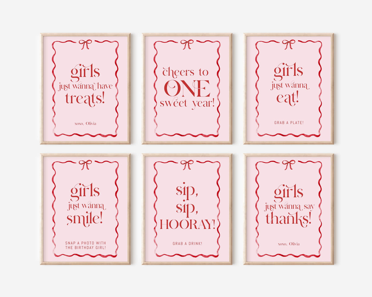 Girls Just Wanna Be One Party Signs Set of 6, Pink and Red Bow First Birthday Decor, Food Drink Favor and Photo Table Signs