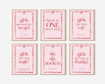 Girls Just Wanna Be One Party Signs Set of 6, Pink and Red Bow First Birthday Decor, Food Drink Favor and Photo Table Signs