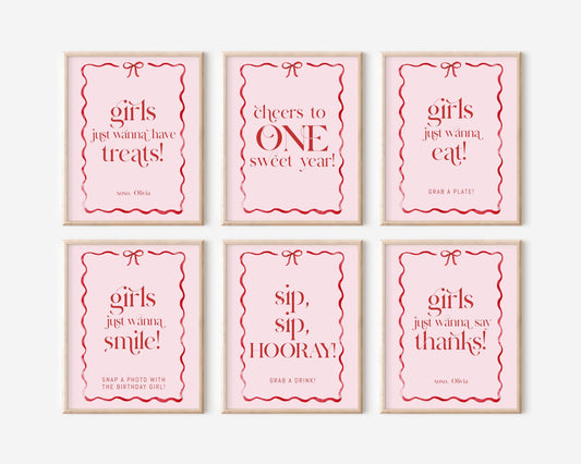 Girls Just Wanna Be One Party Signs Set of 6, Pink and Red Bow First Birthday Decor, Food Drink Favor and Photo Table Signs