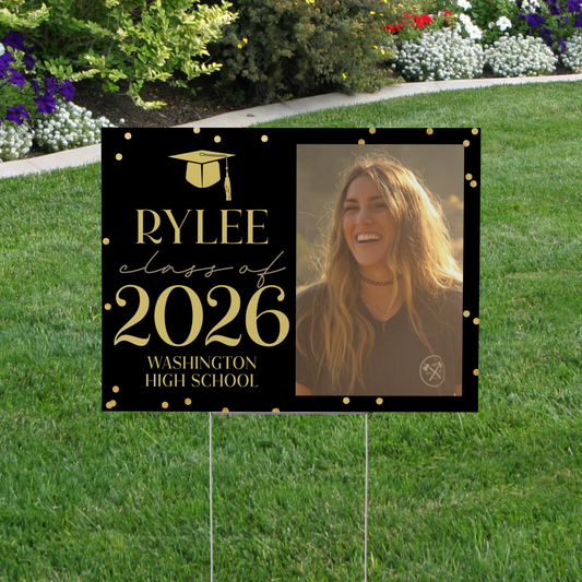 Black and Gold Confetti Graduation Yard Sign with Senior Photo