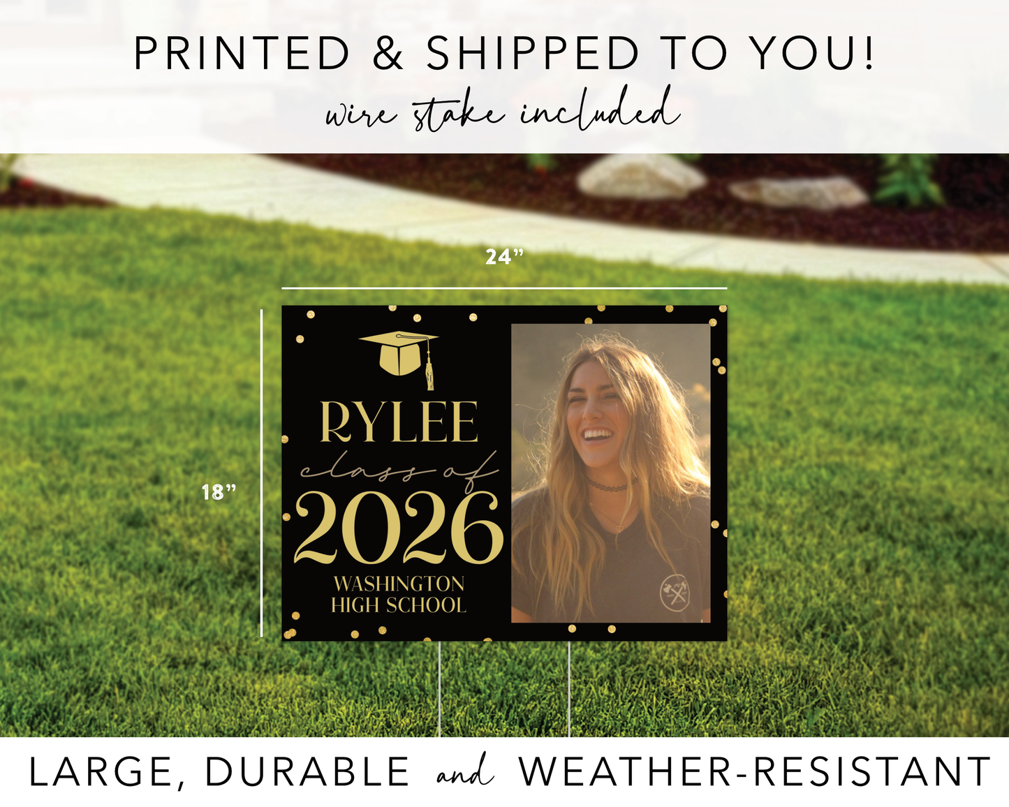 Black and Gold Confetti Graduation Yard Sign with Senior Photo