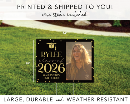 Black and Gold Confetti Graduation Yard Sign with Senior Photo